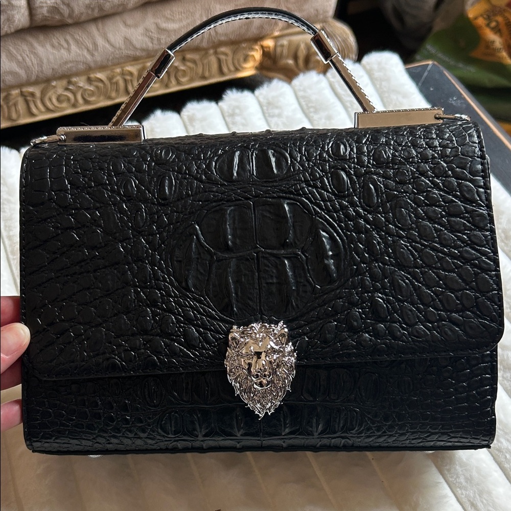 Elegant Black Crocodile-Embossed Handbag NWOT